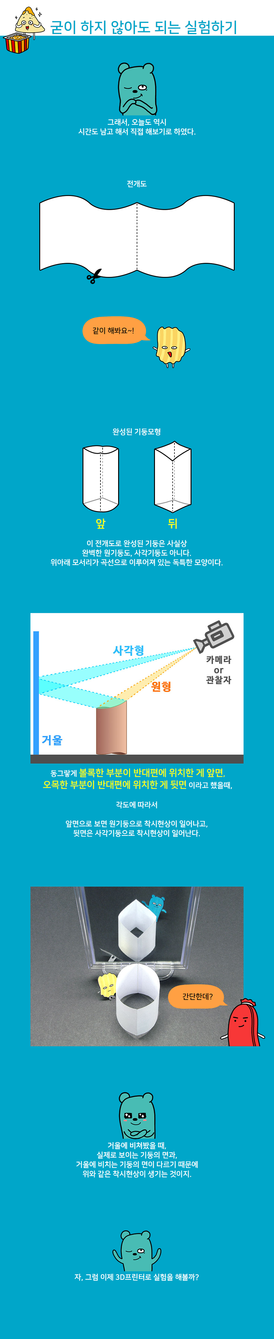 굳이 하지 않아도 되는 실험하기
            그래서, 오늘도 역시
            시간도 남고 해서 직접 해보기로 하였다.
            전개도
            같이 해봐요~!
            앞
            완성된 기둥모형
            뒤
            이 전개도로 완성된 기둥은 사실상
            완벽한 원기둥도, 사각기둥도 아니다.
            위아래 모서리가 곡선으로 이루어져 있는 독특한 모양이다.
            거울
            사각형
            喝
            카메라
            or
            관찰자
            원형
            동그랗게 볼록한 부분이 반대편에 위치한 게 앞면, 오목한 부분이 반대편에 위치한 게 뒷면이라고 했을때,
            각도에 따라서
            앞면으로 보면 원기둥으로 착시현상이 일어나고,
            뒷면은 사각기둥으로 착시현상이 일어난다.
            간단한데?
            거울에 비쳐봤을 때,
            실제로 보이는 기둥의 면과,
            거울에 비치는 기둥의 면이 다르기 때문에
            위와 같은 착시현상이 생기는 것이지.
            자, 그럼 이제 3D프린터로 실험을 해볼까?
            