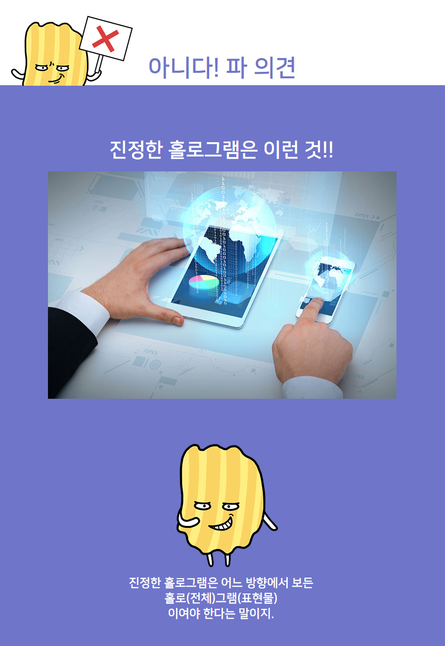 아니다! 파 의견 진정한 홀로그램은 이런 것!! 진정한 홀로그램은 어느 방향에서 보든 홀로(전체)그램(표현물)이여야 한다는 말이지.