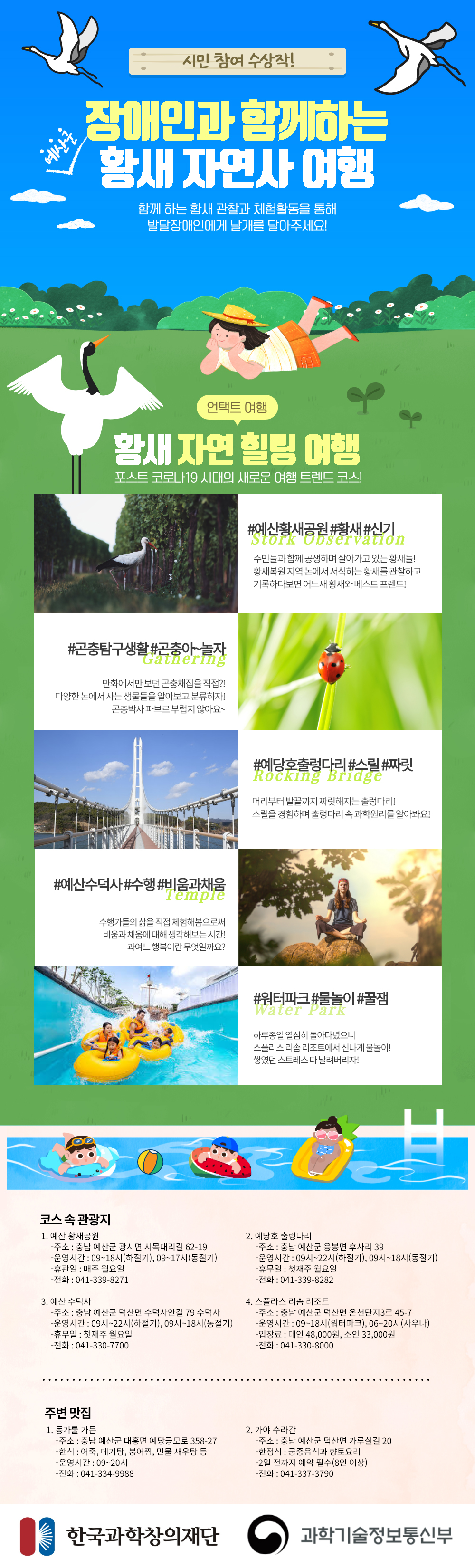 예산군
시민 참여 수상작!
장애인과 함께하는
황새 자연사 여행
함께하는 황새 관찰과 체험활동을 통해
발달장애인에게 날개를 달아주세요!
언택트 여행
황새 자연 힐링 여행
포스트 코로나19 시대의 새로운 여행 트렌드 코스!
#예산황새공원#황새#신기
주민들과 함께 공생하며 살아가고 있는 황새들! 황새복원지역 논에서 서식하는 황새를 관찰하고 기록하다보면 어느새 황새와 베스트프렌드!
#곤충탐구생활 #곤충아~놀자
Gathering
만화에서만 보던 곤충채집을 직접?!
다양한 논에서 사는 생물들을 알아보고 분류하자!
곤충박사파브르부럽지 않아요~
#예산수덕사#수행#비움과채움
Temple
수행가들의 삶을 직접 체험해봄으로써
비움과 채움에 대해 생각해보는 시간!
과여느 행복이란 무엇일까요?
#예당호출렁다리 #스릴 #짜릿
Rocking Bridge
머리부터 발끝까지 짜릿해지는 출렁다리!
스릴을 경험하며 출렁다리 속 과학원리를 알아봐요!
#워터파크 #물놀이 #꿀잼
Water Park
하루종일 열심히 돌아다녔으니
스플리스 리솜리조트에서 신나게 물놀이!
쌓였던 스트레스다 날려버리자!
其
코스속관광지
1. 예산 황새공원
-주소 : 충남 예산군 광시면 시목대리길 62-19
-운영시간: 09~18시(하절기), 09~17시(동절기)
-휴관일 : 매주 월요일
-전화 : 041-339-8271
3. 예산 수덕사
-주소 : 충남 예산군 덕산면 수덕사안길 79 수덕사
-운영시간: 09시~22시(하절기), 09시~18시(동절기)
-휴무일 : 첫재주 월요일
-전화 : 041-330-7700
2. 예당호 출렁다리
-주소 : 충남 예산군 응봉면 후사리 39
운영시간 : 09시~22시(하절기), 09시~18시(동절기)
-휴무일 : 첫재주 월요일
-전화 : 041-339-8282
4. 스플라스 리솜리조트
주소 : 충남 예산군 덕산면 온천단지3로 45-7
-운영시간 : 09~18시(워터파크), 06~20시(사우나)
-입장료 : 대인 48,000원, 소인 33,000원 -전화 : 041-330-8000
주변 맛집
1. 동가룰 가든
-주소 : 충남 예산군 대흥면 예당긍모로 358-27
-한식 : 어죽, 메기탕, 붕어찜, 민물 새우탕 등
-운영시간: 09~20시
-전화 : 041-334-9988
2. 가야수라간
-주소 : 충남 예산군 덕산면 가루실길 20
-한정식 : 궁중음식과 향토요리
-2일 전까지 예약 필수(8인 이상)
-전화 : 041-337-3790
한국과학창의재단
과학기술정보통신부
