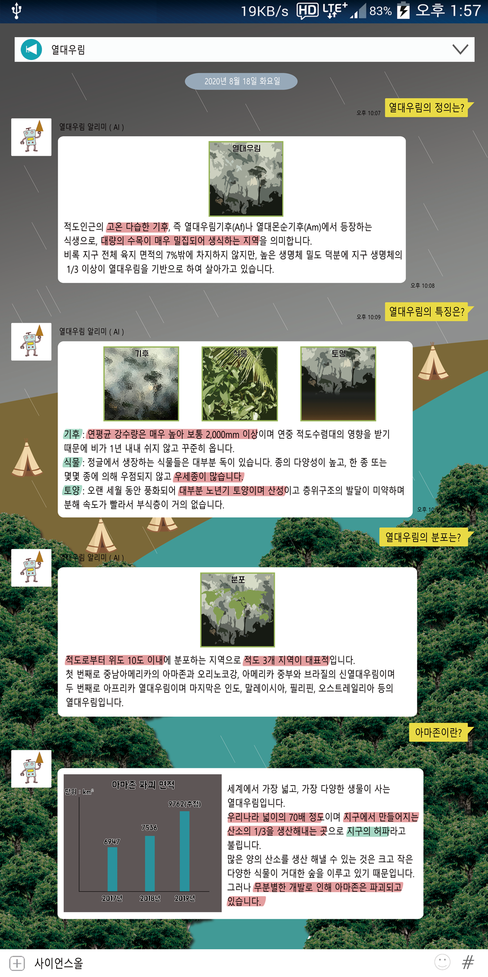 열대우림의 정의는?
        오후 10:07
        적도인근의 고온 다습한 기후, 즉 열대우림기후(Af)나 열대몬순기후(Am)에서 등장하는 식생으로, 대량의 수목이 매우 밀집되어 생식하는 지역을 의미합니다.
        비록 지구 전체 육지 면적의 7%밖에 차지하지 않지만, 높은 생명체 밀도 덕분에 지구 생명체의 1/3 이상이 열대우림을 기반으로 하여 살아가고 있습니다.
        열대우림 알리미(AI)
        기후
        토양
        열대우림의 특징은?
        기후 : 연평균 강수량은 매우 높아 보통 2,000mm 이상이며 연중 적도수렴대의 영향을 받기 때문에 비가 1년 내내 쉬지 않고 꾸준히 옵니다.
        식물 : 정글에서 생장하는 식물들은 대부분 독이 있습니다. 종의 다양성이 높고, 한 종 또는 몇몇 종에 의해 우점되지 않고 우세종이 많습니다.
        •토양 : 오랜 세월 동안 풍화되어 대부분 노년기 토양이며 산성이고 층위구조의 발달이 미약하며 분해 속도가 빨라서 부식층이 거의 없습니다.
        열대우림 알리미 (AI)
        분포
        열대우림의 분포는?
        적도로부터 위도 10도 이내에 분포하는 지역으로 적도 3개 지역이 대표적입니다. 첫 번째로 중남아메리카의 아마존과 오리노코강, 아메리카 중부와 브라질의 신열대우림이며 두 번째로 아프리카 열대우림이며 마지막은 인도, 말레이시아, 필리핀, 오스트레일리아 등의 열대우림입니다.
        아마존 파괴 면적
        단위 : km
        세계에서 가장 넓고, 가장 다양한 생물이 사는
        9762(추정)
        열대우림입니다.
        +
        사이언스올
        7536
        6947
        2017년
        2018년 2019년
        우리나라 넓이의 70배 정도이며 지구에서 만들어지는 산소의 1/3을 생산해내는 곳으로 지구의 허파라고 불립니다.
        많은 양의 산소를 생산 해낼 수 있는 것은 크고 작은
        다양한 식물이 거대한 숲을 이루고 있기 때문입니다.
        그러나 무분별한 개발로 인해 아마존은 파괴되고 있습니다.
        