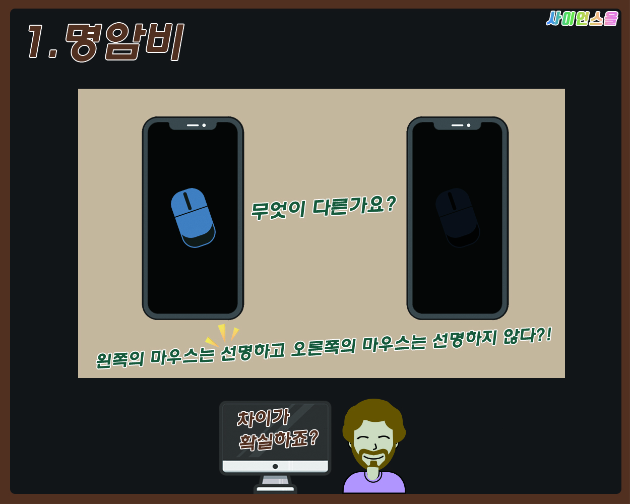 1.명암비 무엇이 다른가요? 왼쪽의 마우스는 선명하고 오른쪽의 마우스는 선명하지 않다?