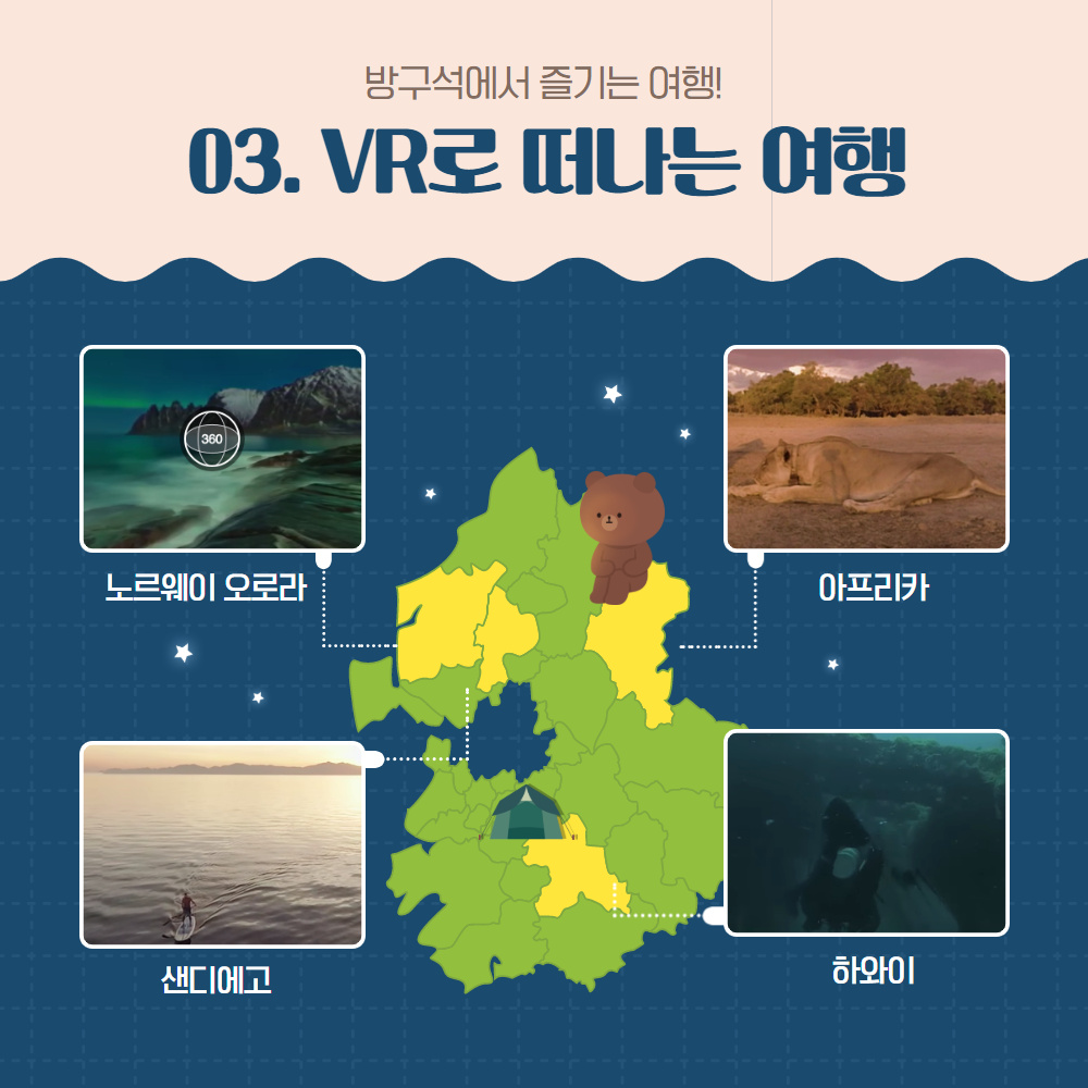 방구석에서 즐기는 여행!
                                        03. VR로 떠나는 여행
                                        노르웨이 오로라
                                        아프리카
                                        하와이
                                        샌디에고
                                        