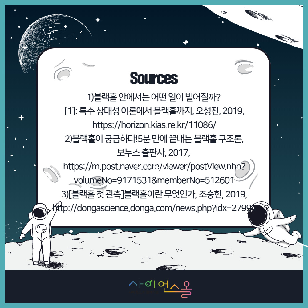 Sources
                                                        1)블랙홀 안에서는 어떤 일이 벌어질까?
                                                        [1]: 특수 상대성 이론에서 블랙홀까지, 오성진, 2019,
                                                        https://horizon.kias.re.kr/11086/
                                                        2)블랙홀이 궁금하다!5분 만에 끝내는 블랙홀 구조론, 보누스 출판사, 2017,
                                                        https://m.post.naver.corn/viewer/postView.nhn?
                                                        volumeNo=9171531&memberNo=512601
                                                        3)[블랙홀 첫 관측]블랙홀이란 무엇인가, 조승한, 2019, http://dongascience.donga.com/news.php?idx=2794
                                                        