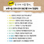 2019
                                        ・총 11개 기업 참여,
                                        과학기술 CSR.CSV 프로그램 11개 컨설팅!
                                        넥슨 초등학교 과학창의 교실 브릭노베이션
                                        • 코오롱 청소년 과학실험 OPEN LAB
                                        JB주식회사 초등학교 친환경 과학실험 교실 • 헨켈코리아 찾아가는 헨켈 포셔벨트 과학교실
                                        • 신세계I&C 대학생 IT 신기술 개발 공모전 • 종근당 찾아가는 제약실험 프로그램 등
                                        • BGF 리테일 초등학생 자원재활용 환경과학 교실
                                        • SK C&C IT특성화 고등학생 취업연계 교육
                                        • SK 텔링크 폐플라스틱활용 NEW BM 개발프로젝트
                                        • 넷마블 특수학교 게임문화체험관 업그레이드
                                        • HSBC 생물다양성증가, 탄소배출절감 프로젝트
                                        