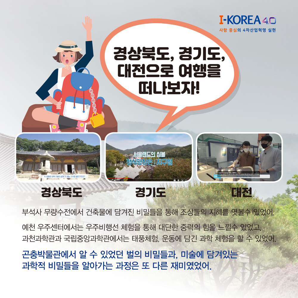 경상북도
100000
경상북도, 경기도,
대전으로 여행을
떠나보자!
서울랜드의 심볼
정식명칭은 :제구별
경기도
I-KOREA 4.0
사람 중심의 4차산업혁명 실현
대전
부석사 무량수전에서 건축물에 담겨진 비밀들을 통해 조상들의 지혜를 엿볼수 있었어. 예천 우주센터에서는 우주비행선 체험을 통해 대단한 중력의 힘을 느낄수 있었고, 과천과학관과 국립중앙과학관에서는 태풍체험, 운동에 담긴 과학 체험을 할 수 있었어.
곤충박물관에서 알 수 있었던 벌의 비밀들과, 미술에 담겨있는
과학적 비밀들을 알아가는 과정은 또 다른 재미였었어.
