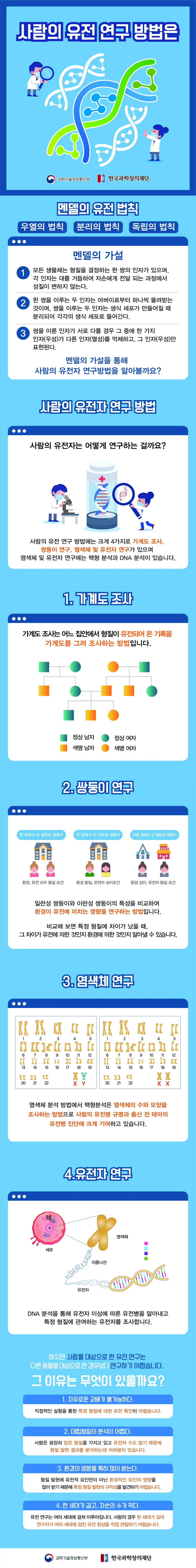 [분야] 생물<br>[주제] 유전 형질과 유전 연구 방법<br>[콘텐츠명] 유전 연구 방법(전개)<br>[유형] 인포그래픽<br>[난이도] 중등 이상