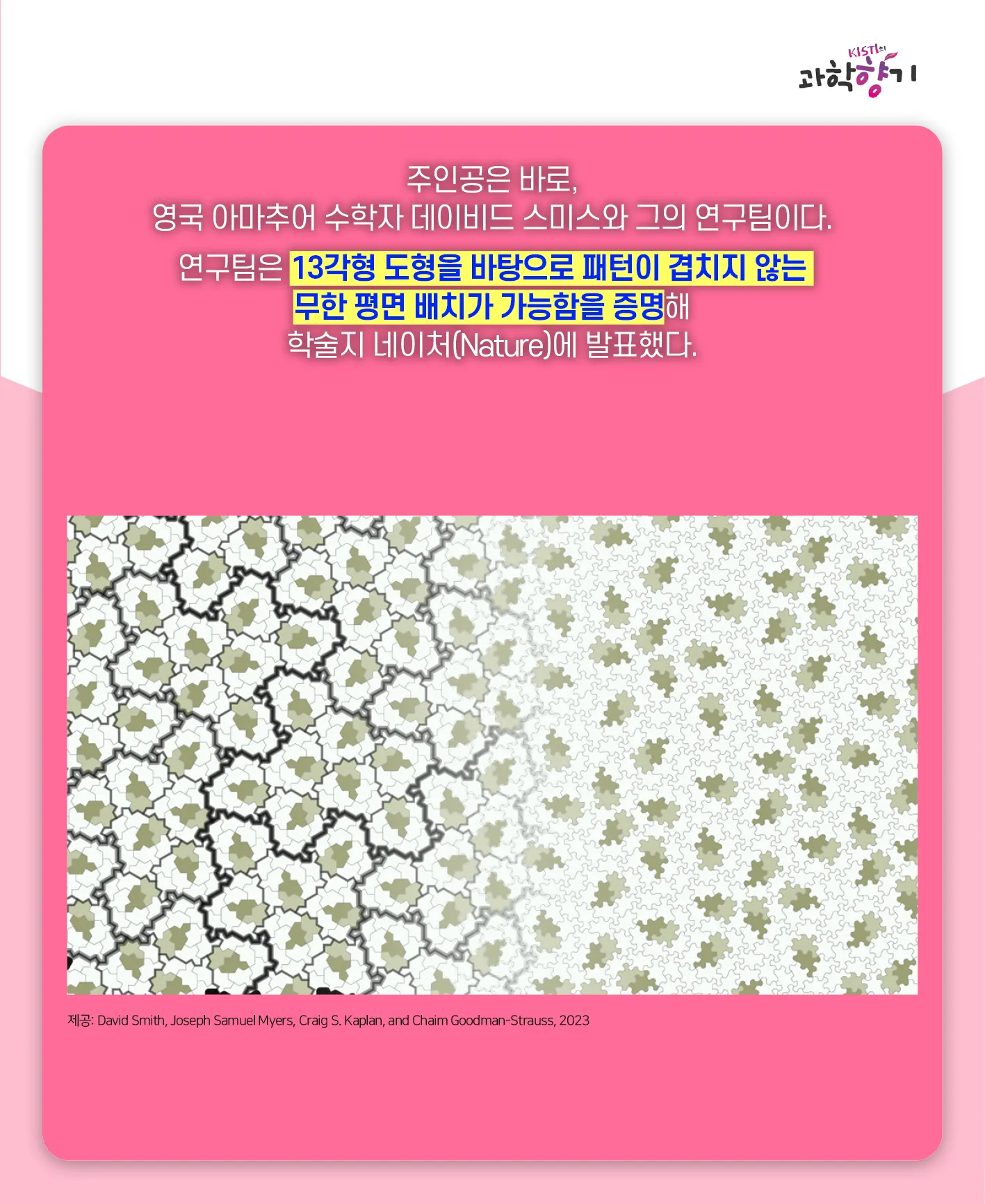 [과학향기 카드뉴스]겹치지 않는 무한 패턴은 가능할까? 수학계 50년 난제, 비주기적 타일링 해결되다