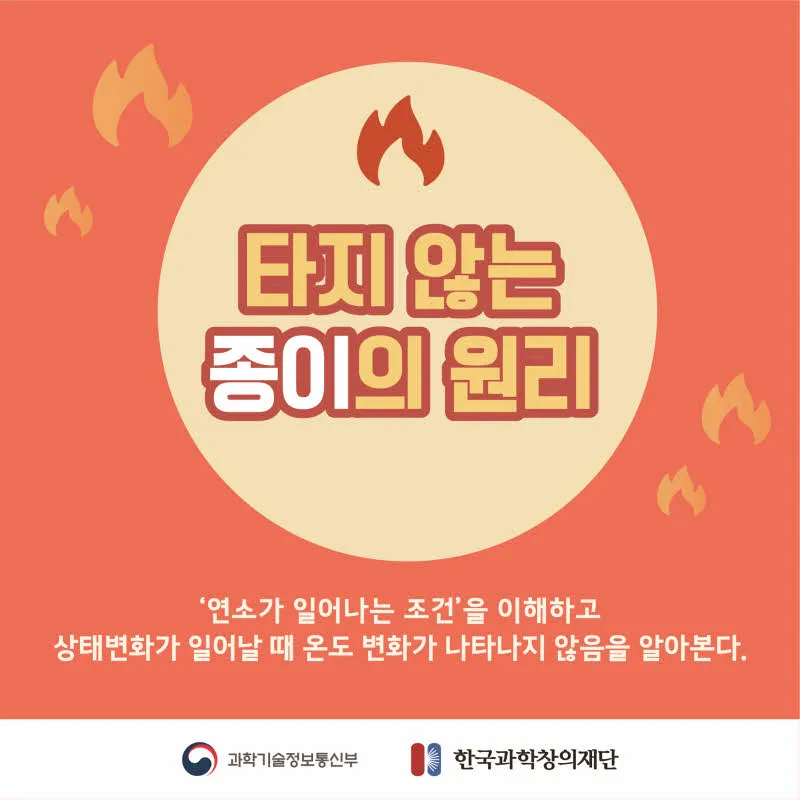 [분야] 화학<br>[주제] 타지 않는 종이<br>[콘텐츠명] 타지 않는 종이의 원리(도입)<br>[유형] 카드뉴스<br>[난이도] 중등 이상
