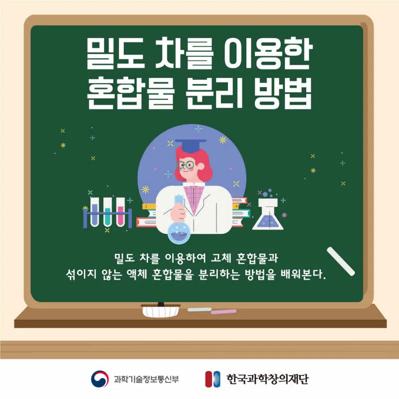 [분야] 화학<br>[주제] 밀도 차를 이용한 혼합물 분리 방법<br>[콘텐츠명] 밀도 차를 이용한 혼합물 분리 방법(전개)<br>[유형]카드뉴스<br>[난이도] 중등 이상