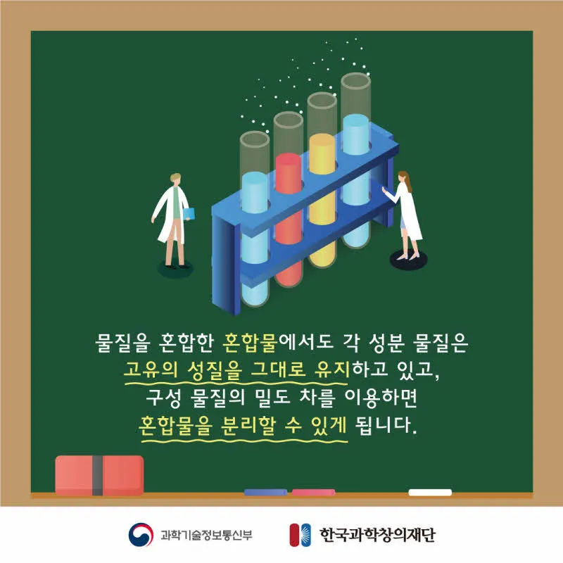 [분야] 화학<br>[주제] 밀도 차를 이용한 혼합물 분리 방법<br>[콘텐츠명] 밀도 차를 이용한 혼합물 분리 방법(전개)<br>[유형]카드뉴스<br>[난이도] 중등 이상