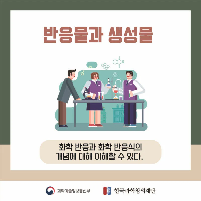 [분야] 화학<br>[주제] 화학 반응식 표현<br>[콘텐츠명] 반응물과 생성물(도입)<br>[유형] 카드뉴스<br>[난이도] 중등이상