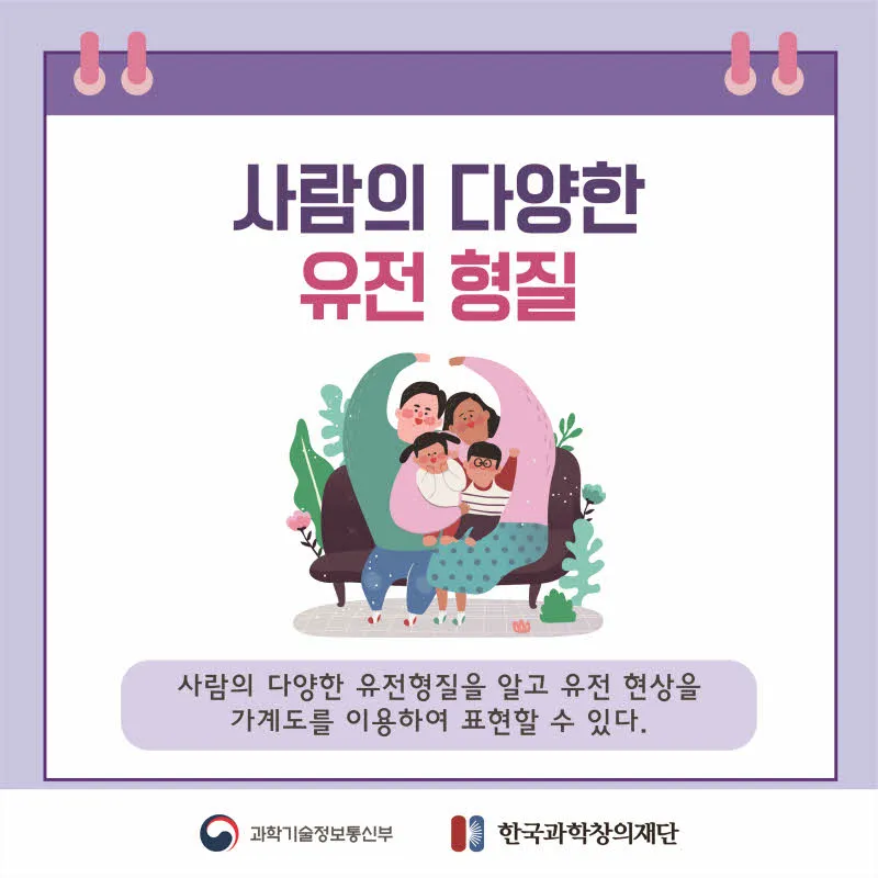 [분야] 생물<br>[주제] 유전 형질과 유전 연구 방법<br>[콘텐츠명] 사람의 다양한 유전 형질(도입)<br>[유형] 카드뉴스<br>[난이도] 중등 이상