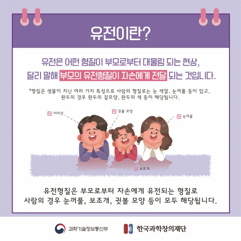[분야] 생물<br>[주제] 유전 형질과 유전 연구 방법<br>[콘텐츠명] 사람의 다양한 유전 형질(도입)<br>[유형] 카드뉴스<br>[난이도] 중등 이상